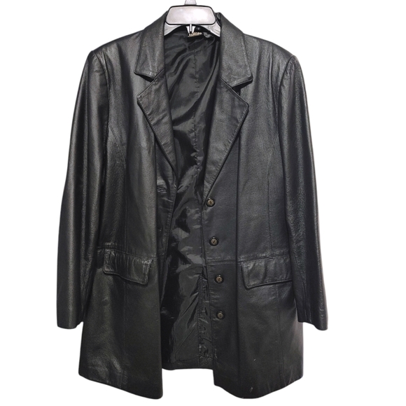 Newport News Black Button Front Genuine Leather Jacket Coat Women's Size Large L - Picture 3 of 11